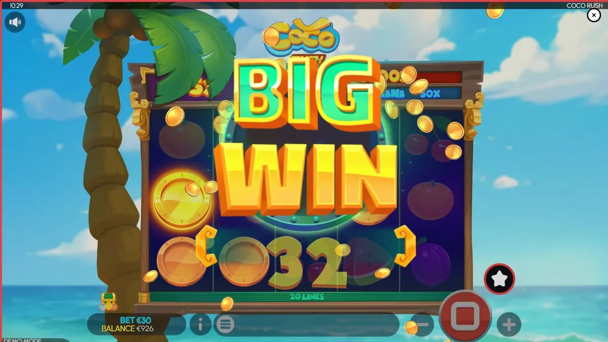 Interface vibrante do jogo de slot Coco Rush com elementos tropicais